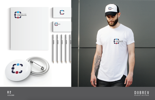 Catalyst for Consensus merch mockups for option 02 — stationery, business cards, button, and apparel
