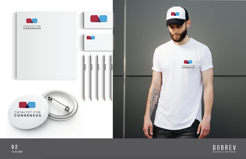 Catalyst for Consensus merch mockups for option 03 — stationery, business cards, button, and apparel