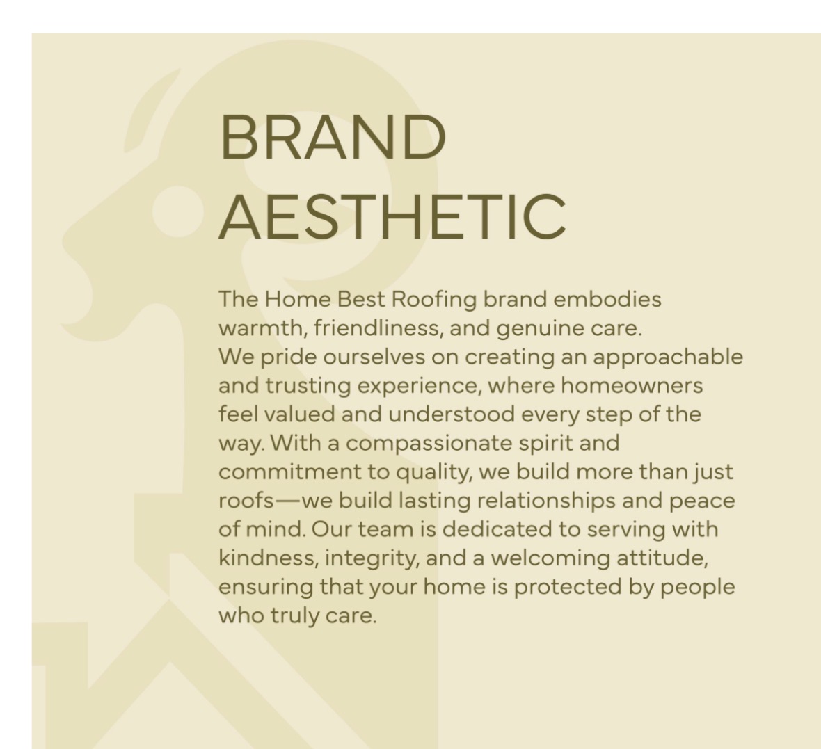 Brand aesthetic page describing Home Best Roofing's warm, friendly, and trustworthy voice over a soft olive ram silhouette