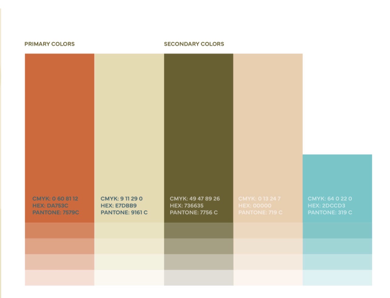 Primary and secondary color palette — terracotta, cream, olive, warm beige, and teal with CMYK, HEX, and Pantone values