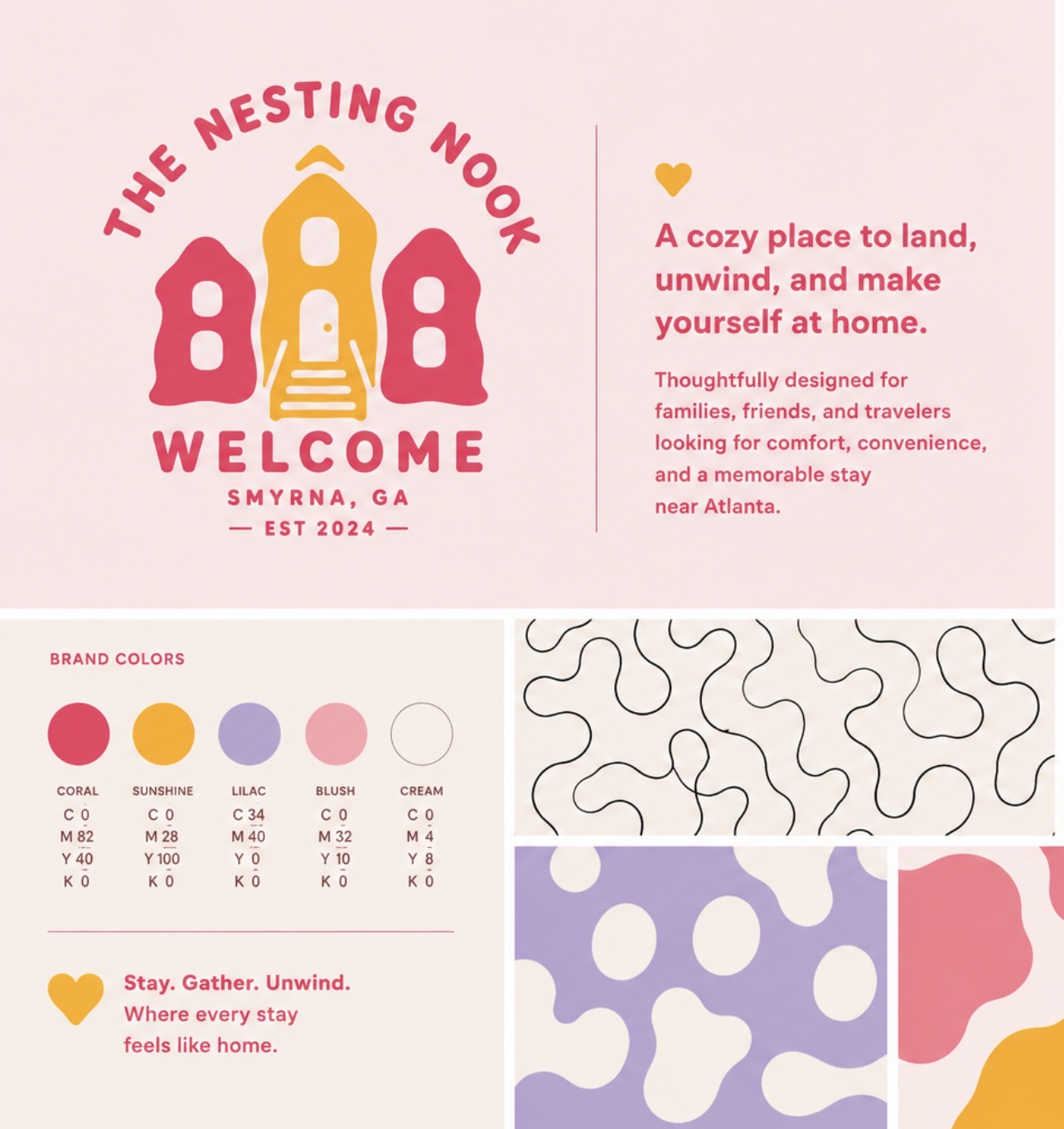The Nesting Nook brand board with logo, brand colors, patterns, and brand statement