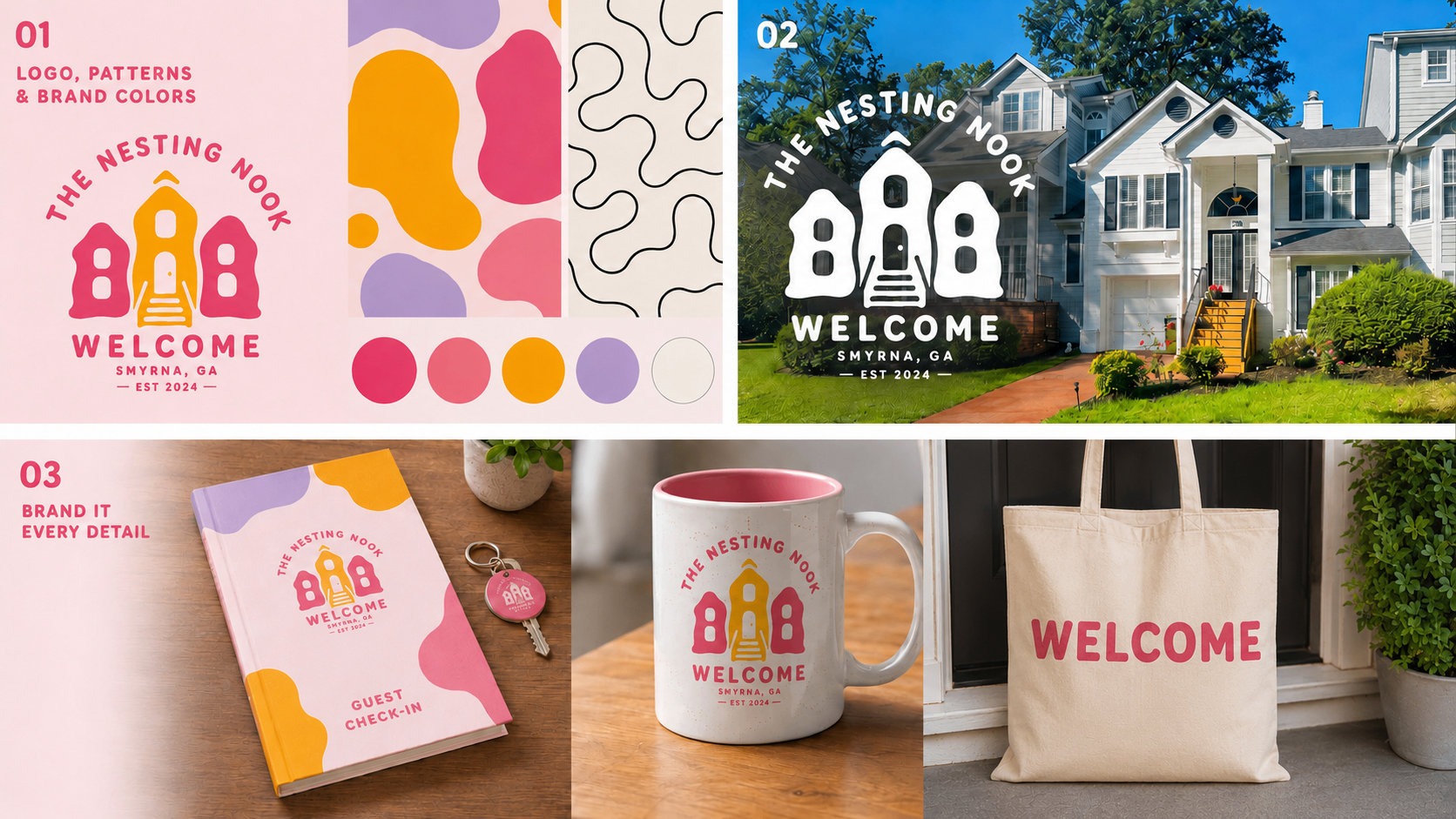 The Nesting Nook brand applications — logo with patterns, exterior signage on a Smyrna home, guest check-in book, branded mug, and welcome tote