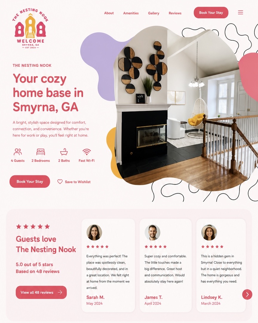 The Nesting Nook homepage concept with hero, amenities, and guest reviews