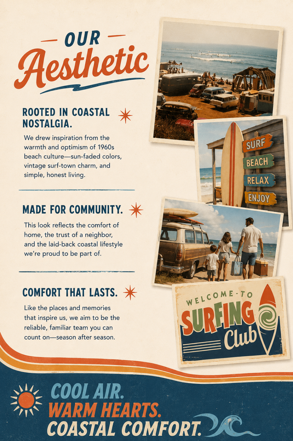 Aesthetic direction board for Seaside Heating & Air featuring vintage beach references, surf signage, and the tagline cool air warm hearts coastal comfort