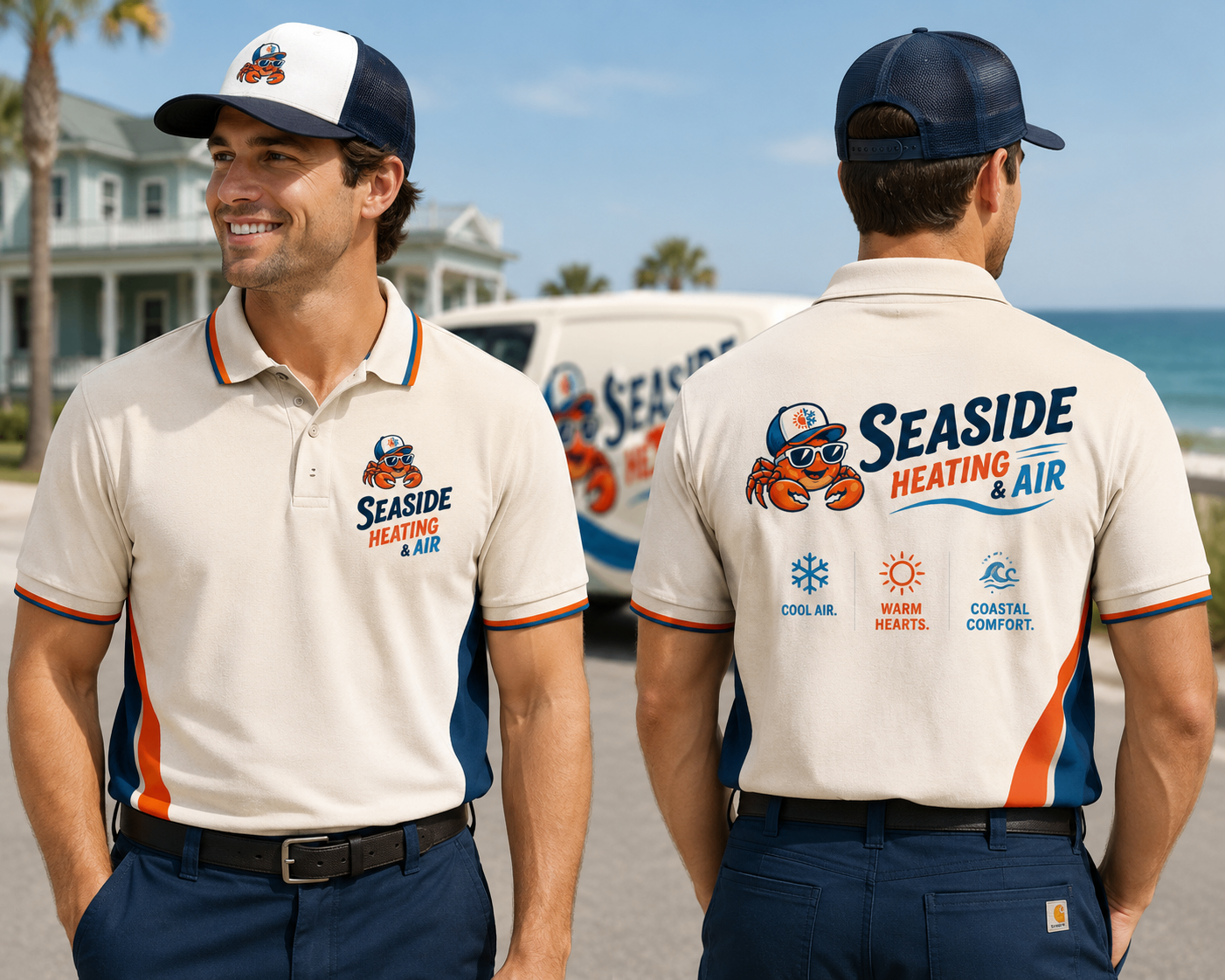 Seaside Heating & Air branded polo and cap mockup showing front and back uniform applications