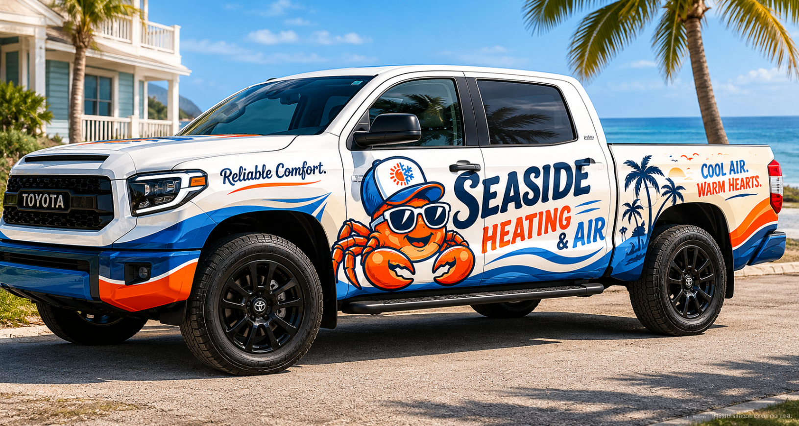 Seaside Heating & Air branded truck wrap with mascot logo, wave graphics, and cool air warm hearts message