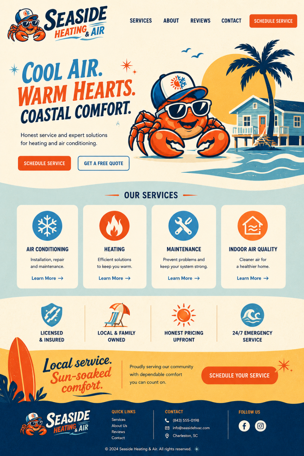 Seaside Heating & Air website concept with retro coastal palette, mascot hero, service cards, and strong call-to-action buttons