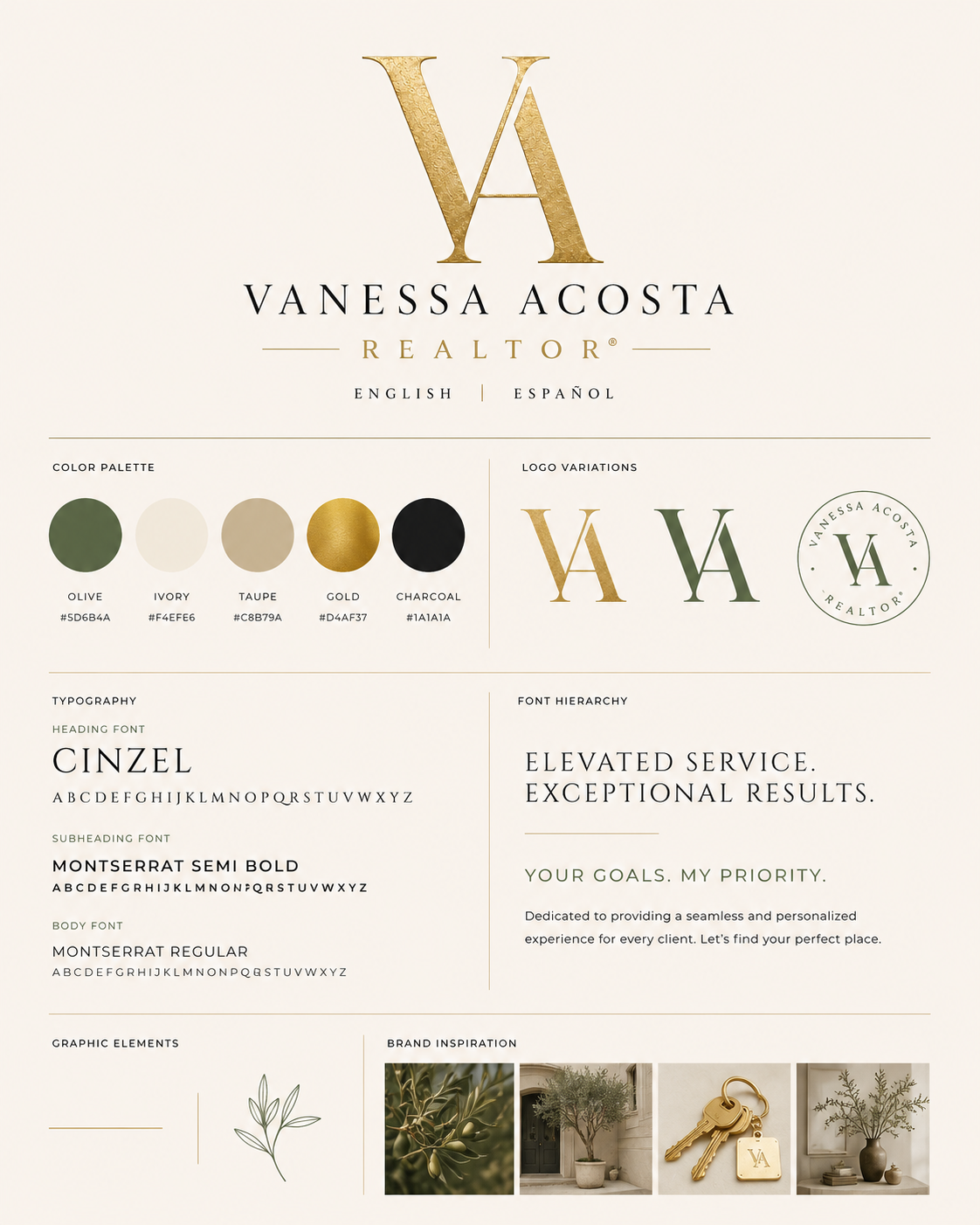 Vanessa Acosta Realtor brand board showing color palette, typography, logo variations, and inspiration imagery